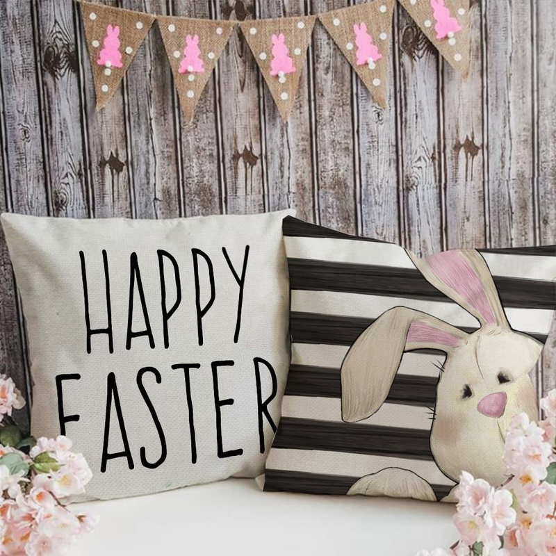 Easter Pillow Covers 18X18 Set of 4 Easter Decorations for Home Bunny Gnome Stripes Pillows Easter Decorative Throw Pillows Spring Easter Farmhouse Decor A473-18