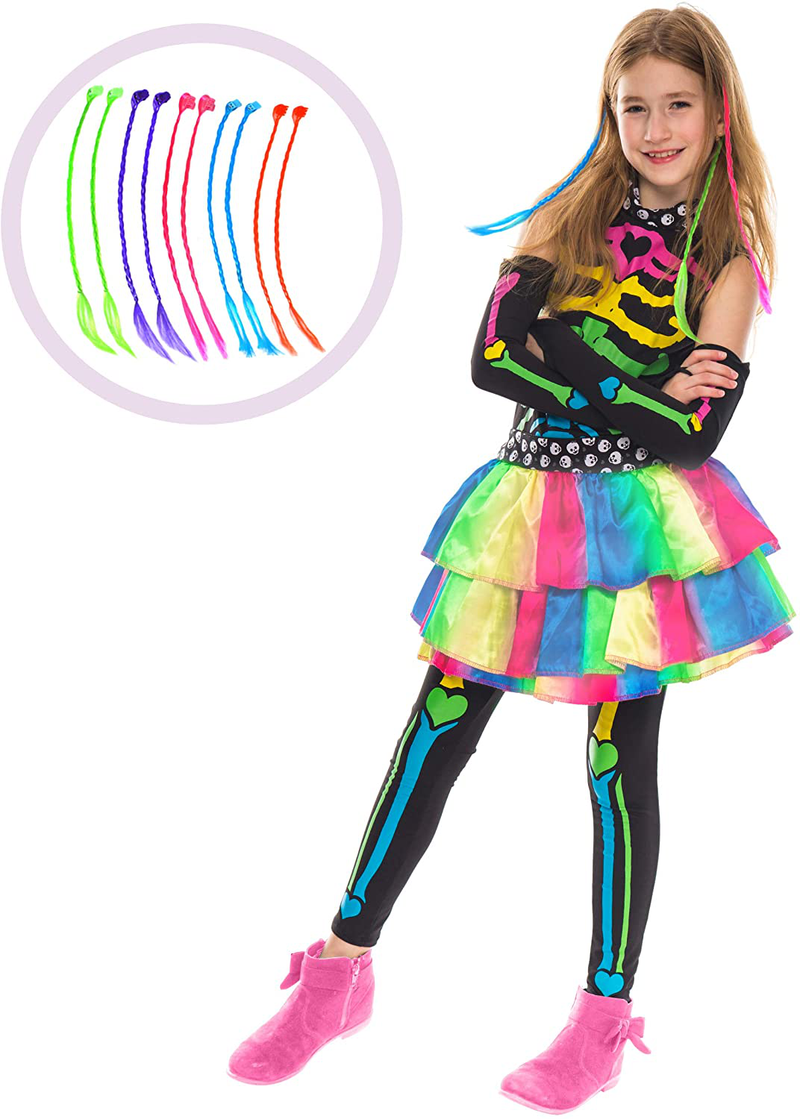 Funky Punky Bones Colorful Skeleton Deluxe Girls Costume Set with Hair Extensions for Halloween Costume Dress Up Parties. Apparel & Accessories > Costumes & Accessories > Costumes Spooktacular Creations Medium (8-10yr)  