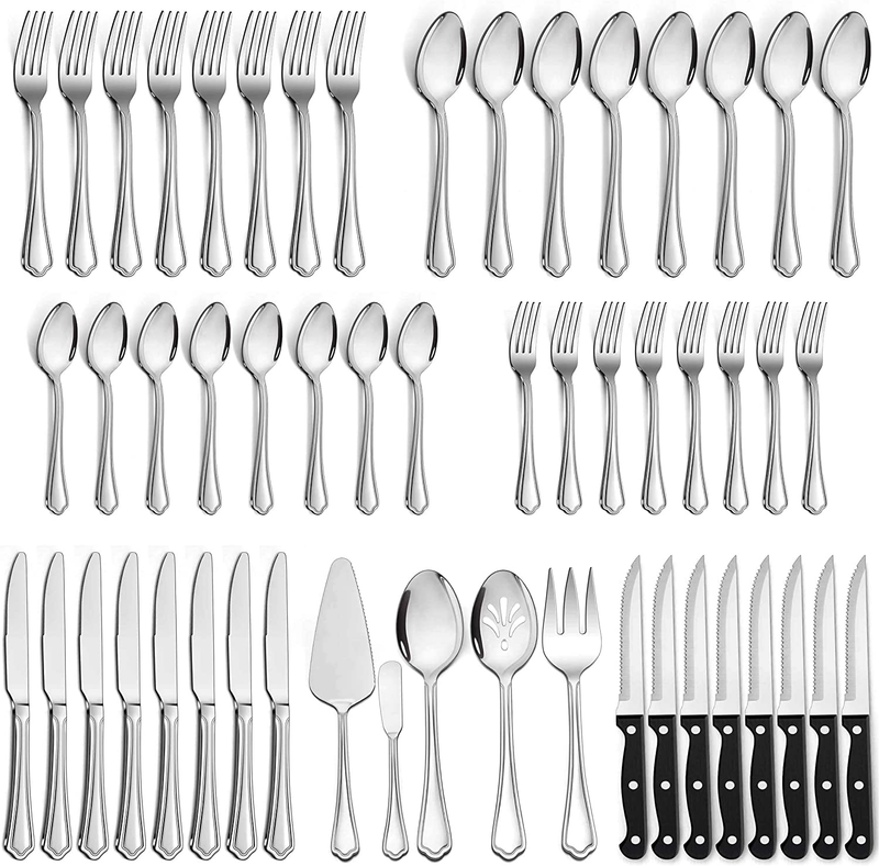 LIANYU 77-Piece Silverware Flatware Set for 12, Plus Steak Knives and Serving Utensils, Stainless Steel Flatware Cutlery Set, Eating Utensils Tableware with Scalloped Edge, Dishwasher Safe