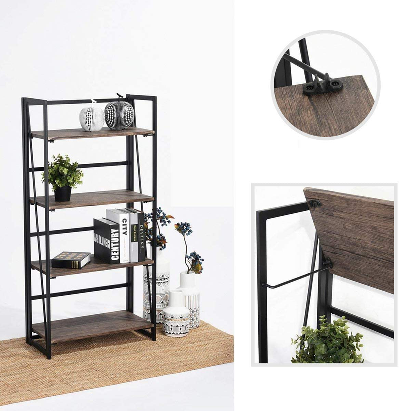 Coavas Folding Bookshelf Home Office Industrial Bookcase No Assembly Storage Shelves Vintage 4 Tiers Flower Stand Rustic Metal Book Rack Organizer, 23.6 X 11.8 X 49.4 Inches Home & Garden > Household Supplies > Storage & Organization Coavas   