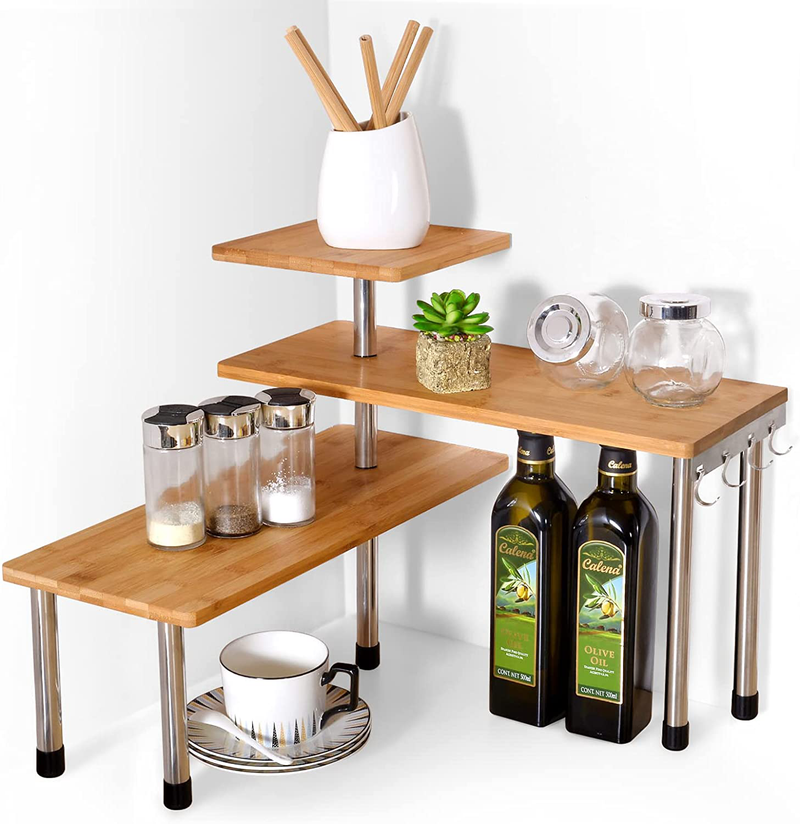 Ollieroo 3 Tier Corner Shelf Bamboo Countertop Organizer Bookshelf Display Shelves Space Saving Rack for Living Room, Kitchen, Office (With Hooks) Home & Garden > Kitchen & Dining > Food Storage Ollieroo Bamboo, With Hooks  