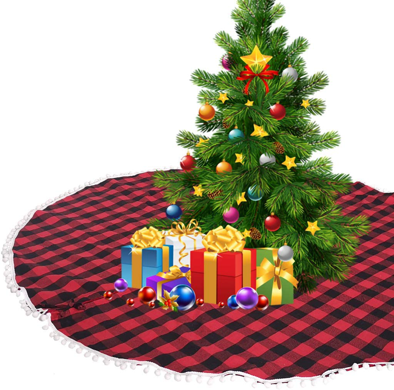 GKanMore Checked Christmas Tree Skirt 48" Red and Black Buffalo Plaid Tree Skirt with White Bubble Lace Xmas Tree Mat Skirt for Christmas New Year Holiday Party Decorations (Red & Black Plaid)
