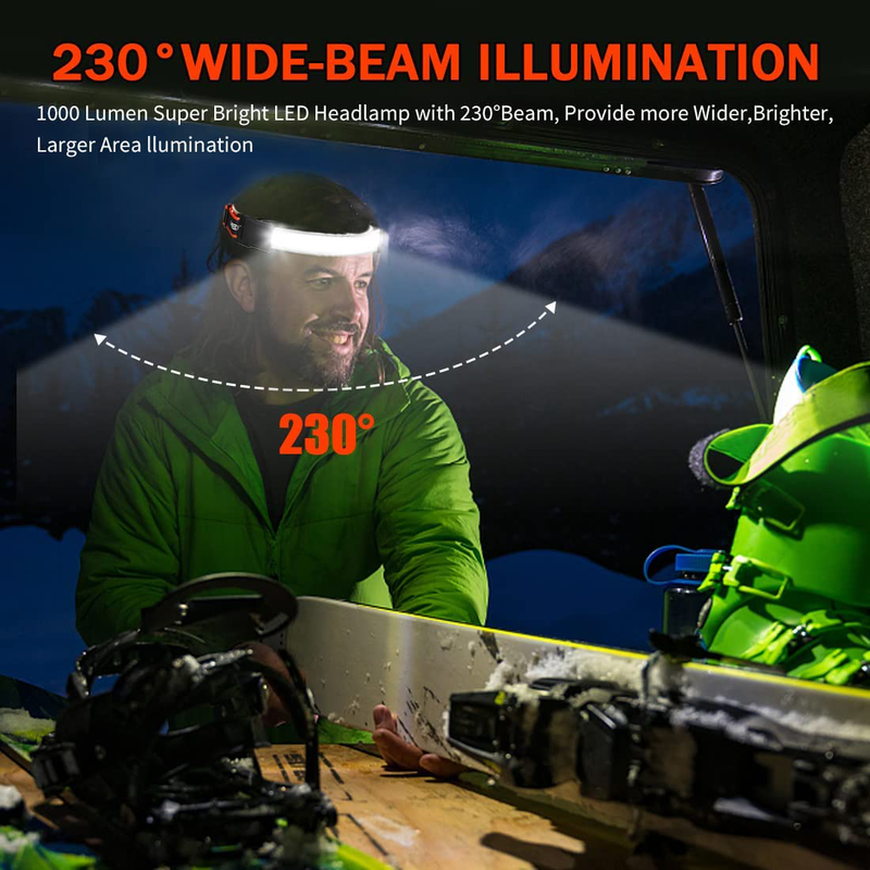 Rechargeable Headlamp, Headlamp Flashlights 230° Wide Beam 1000 Lumen, 3 Modes, Super Bright LED Headlamp, Lightweight Head Lamp for Hiking, Running, Fishing, Camping (1PACK)