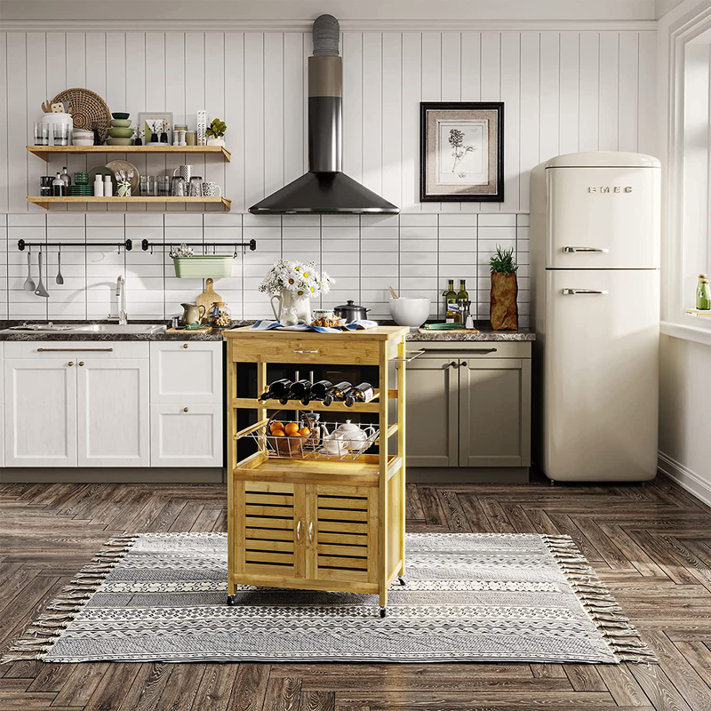 Small Kitchen Island on Wheels, Bamboo Kitchen Cart with Storage Cabinet and Drawer, Rolling Kitchen Island Cart Trolley with Towel Rack, Locking Casters for Dining Rooms Kitchens