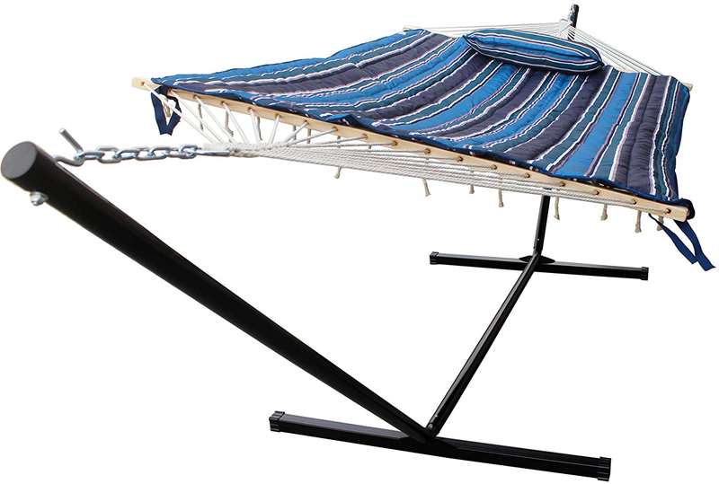 HENG FENG 2 Person Hammock with Cotton Rope,Quilted Fabric Pad,Hardwood Spreader Bar,Hammock with 12 FT Stand,Grey Home & Garden > Lawn & Garden > Outdoor Living > Hammocks HENG FENG Blue Stripe  