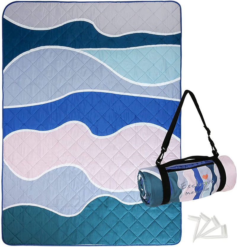 Exclusivo Mezcla Waterproof Picnic Blankets 3-Layer 60x80 Inches Large Sandproof Beach Blanket Foldable Outdoor Blanket for Camping on Grass Picnic Mat with 4 Windproof Stakes Home & Garden > Lawn & Garden > Outdoor Living > Outdoor Blankets > Picnic Blankets Exclusivo Mezcla Waved Blue  