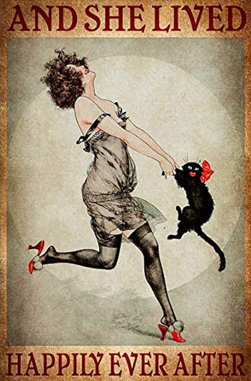 Metal Tin Retro Sign-And She Lived Happily Ever After Metal Poster, Black Cat Print, Dance with Cat Metal Poster,Wall Decoration, Vintage Aluminum Sign for Home and Bar Wall Art Decor 8x12 Inch Arts & Entertainment > Party & Celebration > Party Supplies LINQWkk Default Title  