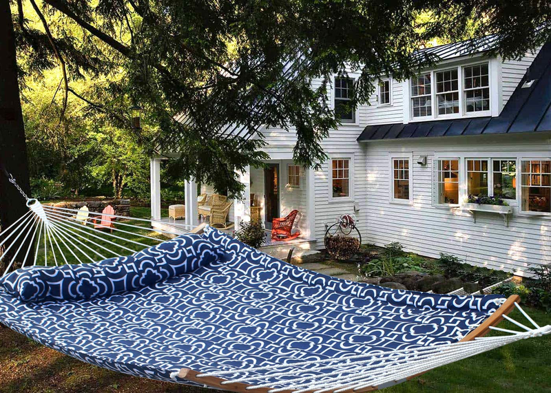 SUNNY GUARD 11FT Double Hammock Quilted Fabric Curved-Bar Bamboo＆Detachable Pillow,2 Person Hammock for Outdoor Patio Backyard 75"x55",Navy Blue