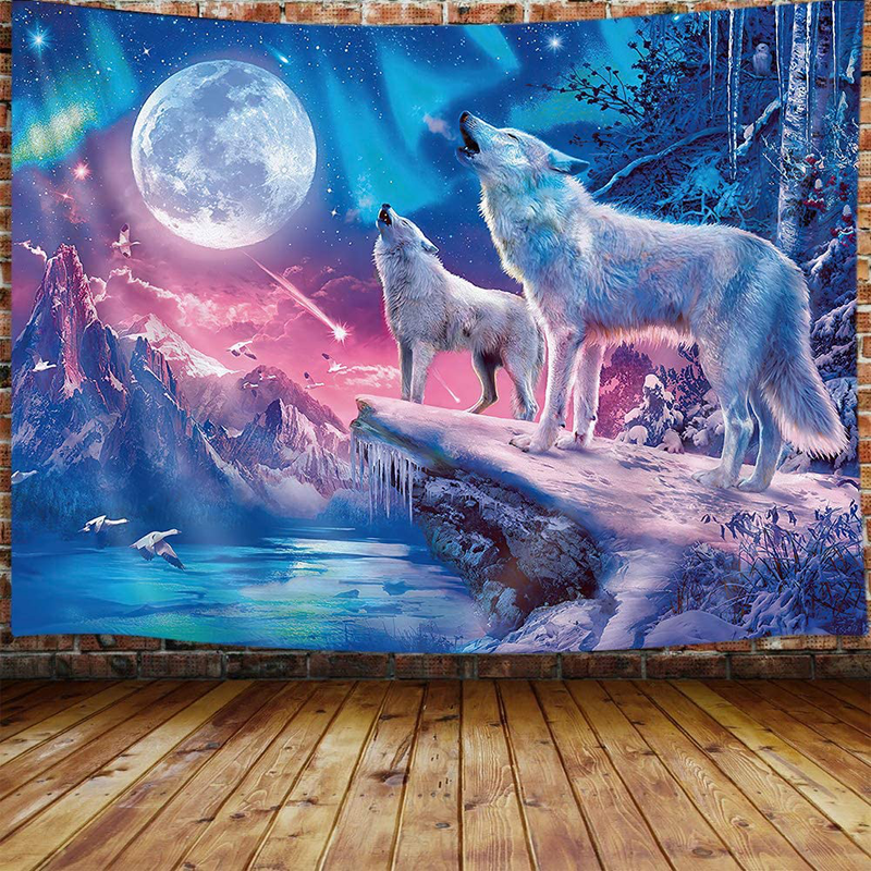 Cool Wolf Tapestry, Fantasy Animals Moon Small Tapestry Wall Hanging for Boys Men Bedroom, Colorful Aesthetic Blue Galaxy Mountian Forest Tapestry Poster Blanket College Dorm Home Decor 60X40"