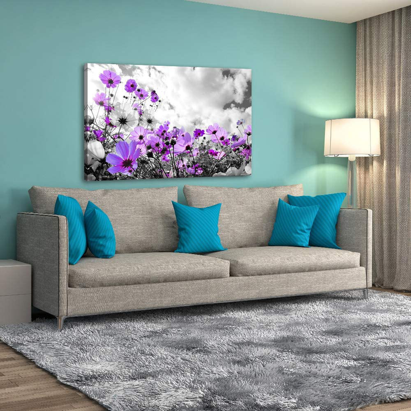 Modern Purple Flowers Canvas Art Wall Decor Black and White Framed Galsang Floral Prints and Posters Wall Hanging Decorations Ready to Hang for Bedroom Bathroom (Purple, 16X24Inx1)