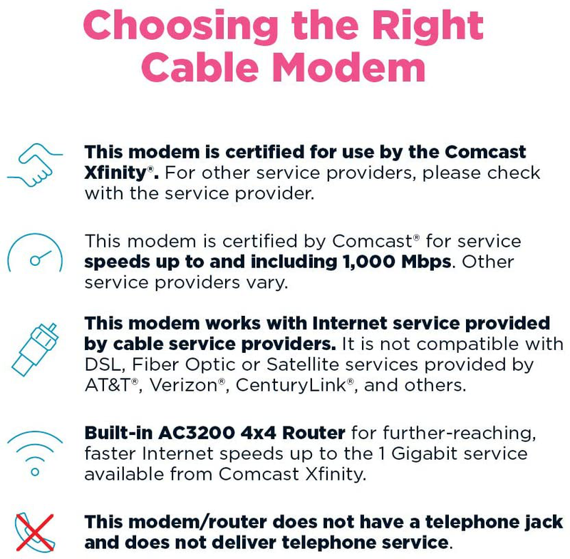 Motorola MG8702 | DOCSIS 3.1 Cable Modem + Wi-Fi Router (High Speed Combo) with Intelligent Power Boost | AC3200 Wi-Fi Speed | Approved for Comcast Xfinity, Cox, and Charter Spectrum Electronics > Networking > Modems Motorola   