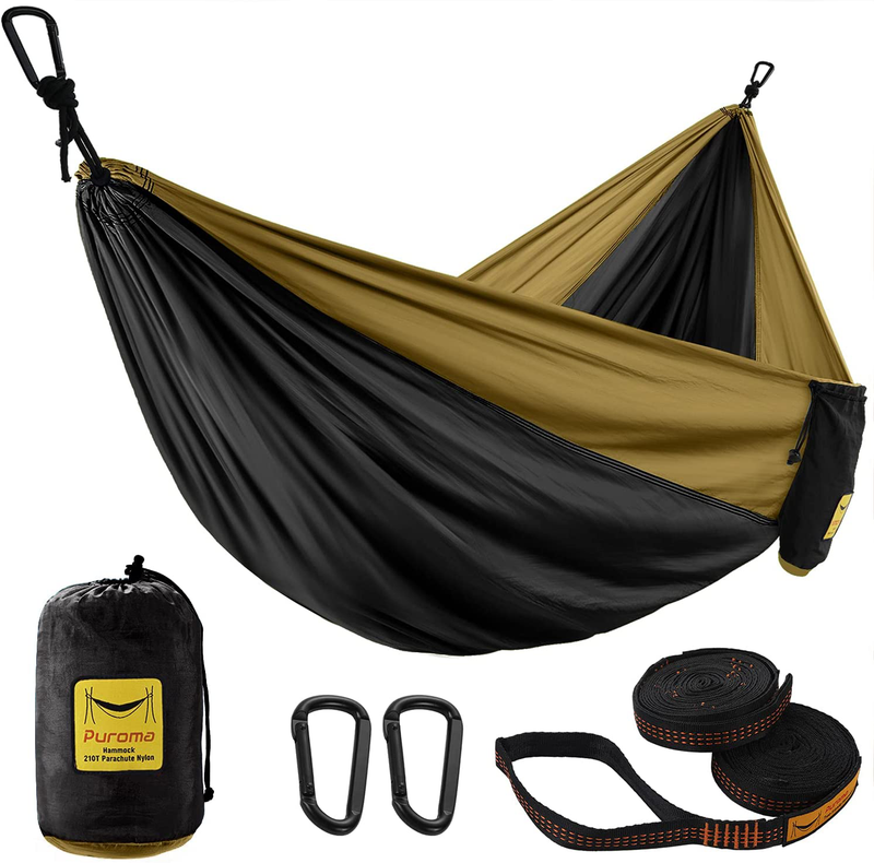 Puroma Camping Hammock Single & Double Portable Hammock Ultralight Nylon Parachute Hammocks with 2 Hanging Straps for Backpacking, Travel, Beach, Camping, Hiking, Backyard Home & Garden > Lawn & Garden > Outdoor Living > Hammocks Puroma Black & Camel Large 