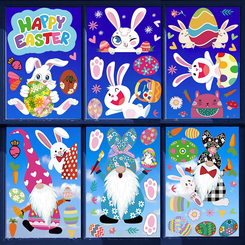 Mocossmy Easter Window Clings,9 Sheets Cute Bunny Happy Easter Eggs Gnomes Faceless Elf Colorful Window Stickers Wall Decals for Home Classroom Holiday Easter Party Supplies Favors Glass Decoration