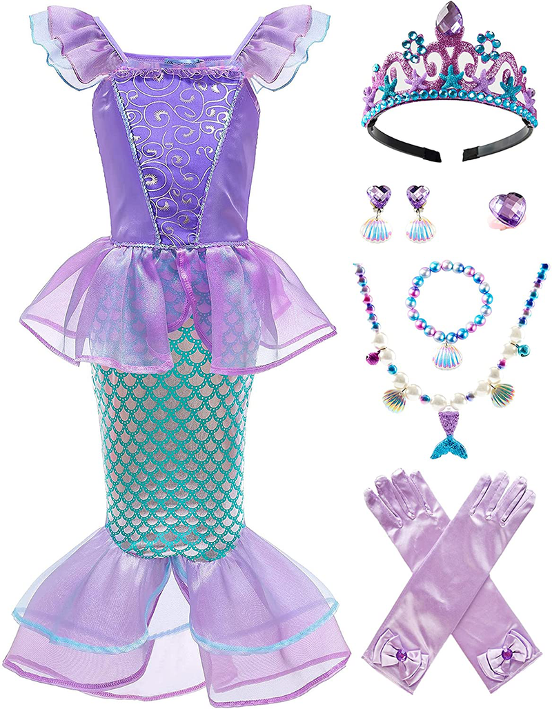 Mermaid Costume for Girls Halloween Princess Dress Up with Crown Jewelry Apparel & Accessories > Costumes & Accessories > Costumes 3 years and up 7-8 Years  