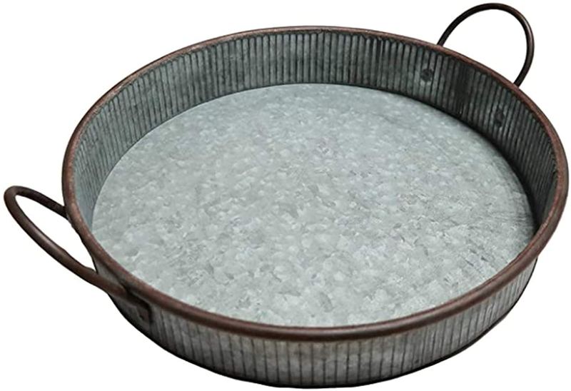 MANDII Galvanized Round Serving Tray with Handles | 13" Farmhouse Trays | Decorative Centerpiece for Coffee Table | Rustic Decor Kitchen and Dining Room | Indoor&Outdoor Silver Decoration
