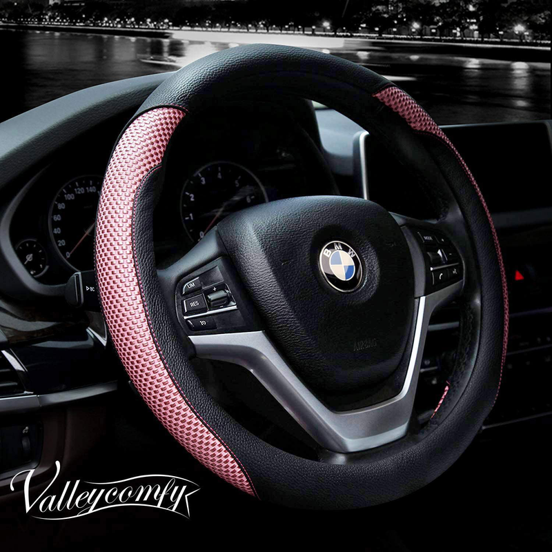 Valleycomfy Microfiber Leather Steering Wheel Cover Universal 15 inch (Black) Vehicles & Parts > Vehicle Parts & Accessories > Vehicle Maintenance, Care & Decor > Vehicle Decor > Vehicle Steering Wheel Covers Valleycomfy D Pink Medium(Standard) Size[14.5"-15"] 
