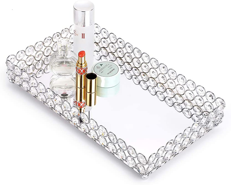 Hipiwe Crystal Cosmetic Makeup Tray - Large Mirrored Vanity Tray Jewelry Trinket Organizer TrayTray Home Decorative Dresser Tray Bathroom Tray, 13.7"x 7.87" Home & Garden > Decor > Decorative Trays Hipiwe Silver Large 