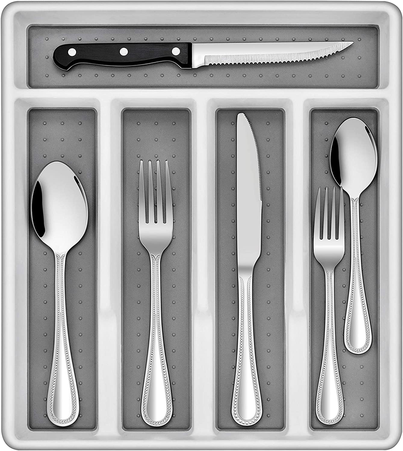 Homikit 36-Piece Silverware Set with Steak Knives and Utensil Tray Organizer, Stainless Steel Flatware Cutlery Eating Utensils for 6, Modern Tableware Sets with Pearled Edges, Dishwasher Safe