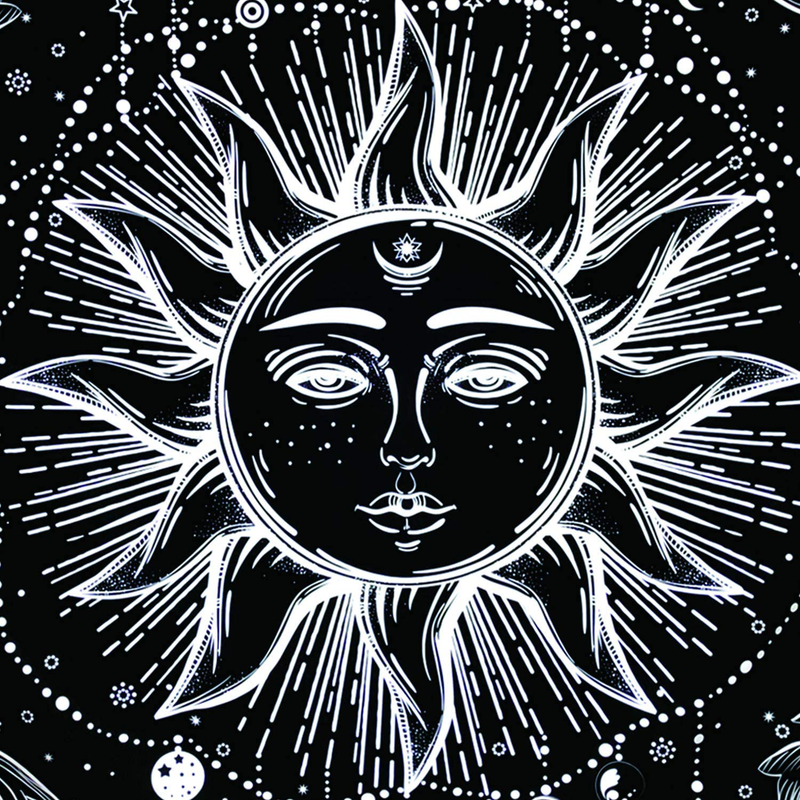 Sun Tapestry Psychedelic Burning Sun Wall Tapestry Black and White Tapestry Moon Sun with Star Tapestry Fractal Faces Bohemian Mandala Mystic Tapestry for Bedroom Living Room (Medium, Black Sun)