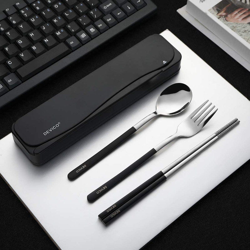 DEVICO Travel Utensils, 18/8 Stainless Steel 4pcs Cutlery Set Portable Camp Reusable Flatware Silverware, Include Fork Spoon Chopsticks with Case (Black) Home & Garden > Kitchen & Dining > Tableware > Flatware > Flatware Sets DEVICO   