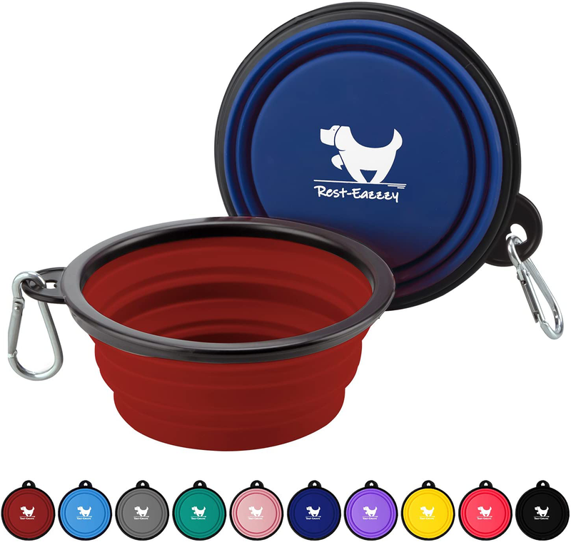Rest-Eazzzy Expandable Dog Bowls for Travel, 2-Pack Dog Portable Water Bowl for Dogs Cats Pet Foldable Feeding Watering Dish for Traveling Camping Walking with 2 Carabiners, BPA Free  Rest-Eazzzy red&navy S 