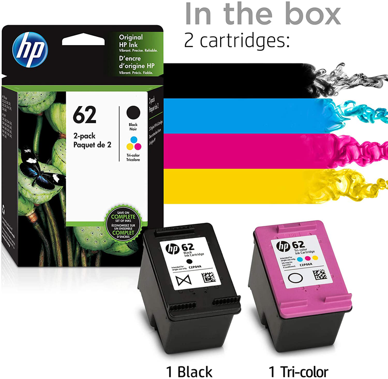 HP 62 | 2 Ink Cartridges | Black, Tri-color | Works with HP ENVY 5500 Series, 5600 Series, 7600 Series, HP OfficeJet 200, 250, 258, 5700 Series, 8040 | C2P04AN, C2P06AN Electronics > Print, Copy, Scan & Fax > Printer, Copier & Fax Machine Accessories > Printer Consumables > Toner & Inkjet Cartridges HP   