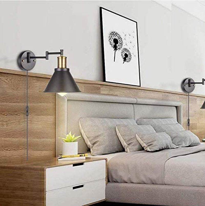 Swing Arm Wall Lights Fixtures with Plug in Cord Wall Sconce with Switch, Black and Bronze Finsh, Wall Mounted Industrial Lamp for Bedroom, Living Room (2-Pack) Home & Garden > Lighting > Lighting Fixtures > Wall Light Fixtures ANBRITE   