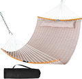 SUNCREAT 13.8 FT Hammocks Quilted Fabric Double Hammock with Detachable Curved Bamboo Spreader Bar and Soft Pillow, Max 450 lbs Capacity, Tan Home & Garden > Lawn & Garden > Outdoor Living > Hammocks SUNCREAT Tan  
