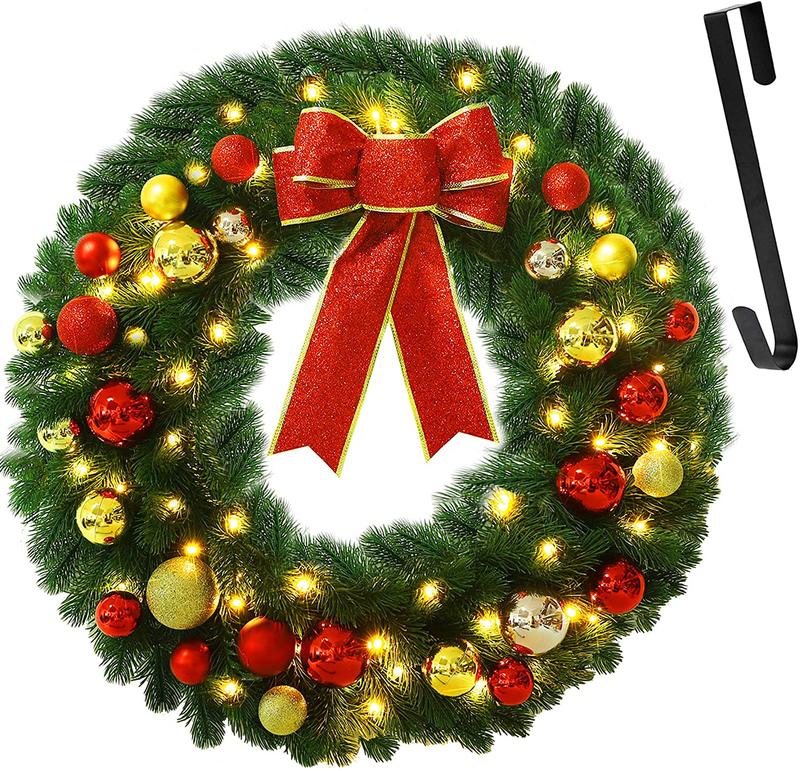 Juegoal 16 Inch Pre-Lit Christmas Wreath with Metal Hanger, Large Red Bow and Colored Balls, Battery Operated with Warm White 40 LEDs Lights, Front Door Spruce Lighted Wreath X-max Decorations Home & Garden > Decor > Seasonal & Holiday Decorations& Garden > Decor > Seasonal & Holiday Decorations Juegoal 24 Inch  