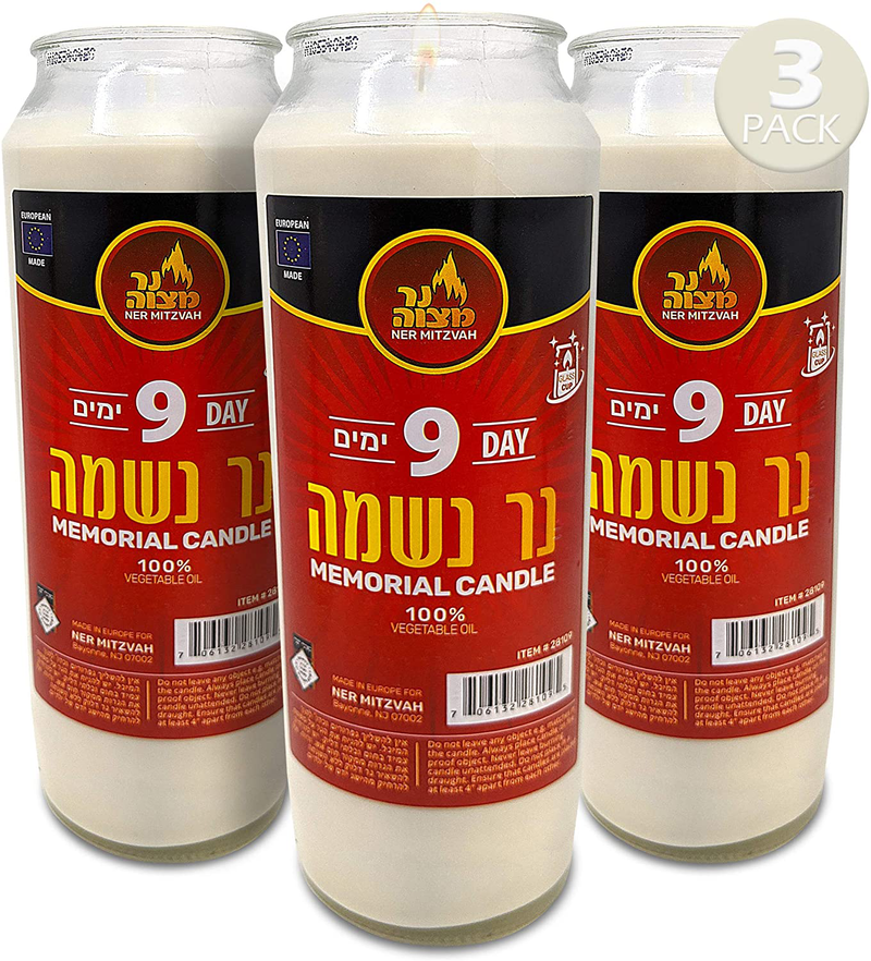 Ner Mitzvah 9 Day Yahrzeit Candle - 3 Pack Kosher White Yahrzeit Memorial Candles - Yom Kippur and Holiday Candle in Glass Jar - 100% Vegetable Oil Wax Prayer Candle