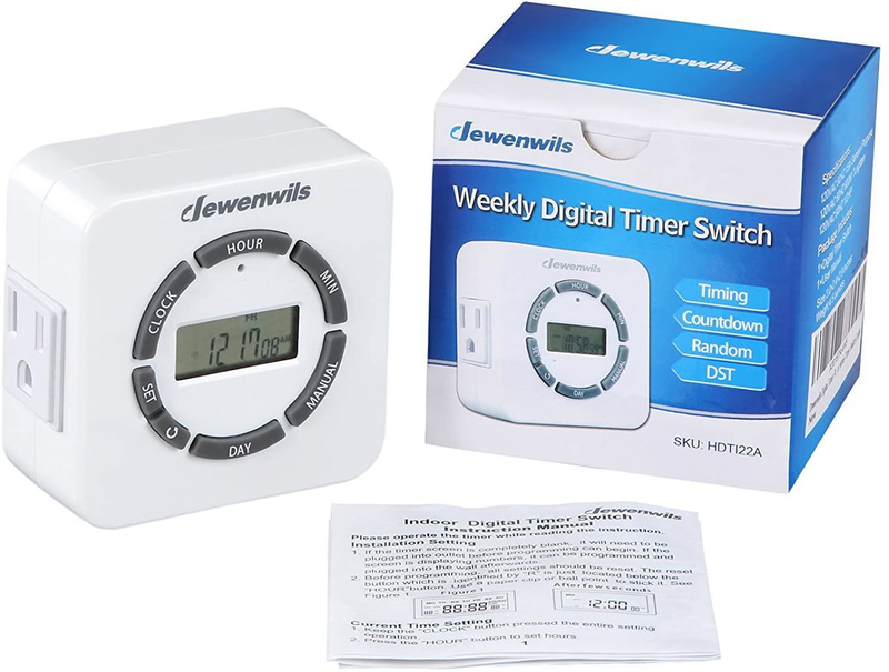DEWENWILS 7 Day Digital Outlet Timer, 2 Grounded Outlets, Countdown/Random/DST Mode, Up to 20 On/Off Circle, Indoor Plug in Timer for Lights, Holiday Decor, Fish Tank, ETL Listed