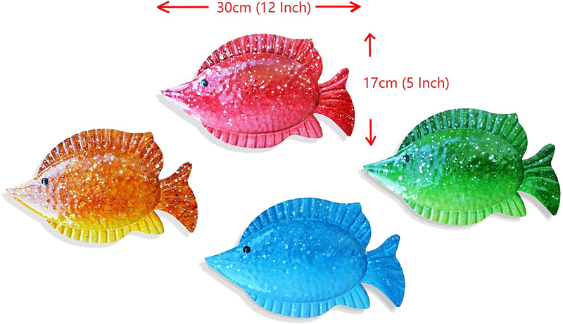ShabbyDecor Coastal Ocean Sea Metal Fish Hanging Wall Art Decor Set of 4 for Outdoor or Indoor
