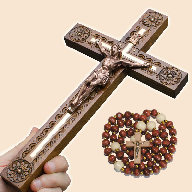 Hand Carved Crucifix Wall Cross for Home Decor - Wooden Catholic Wall Crucifix - 12 Inch