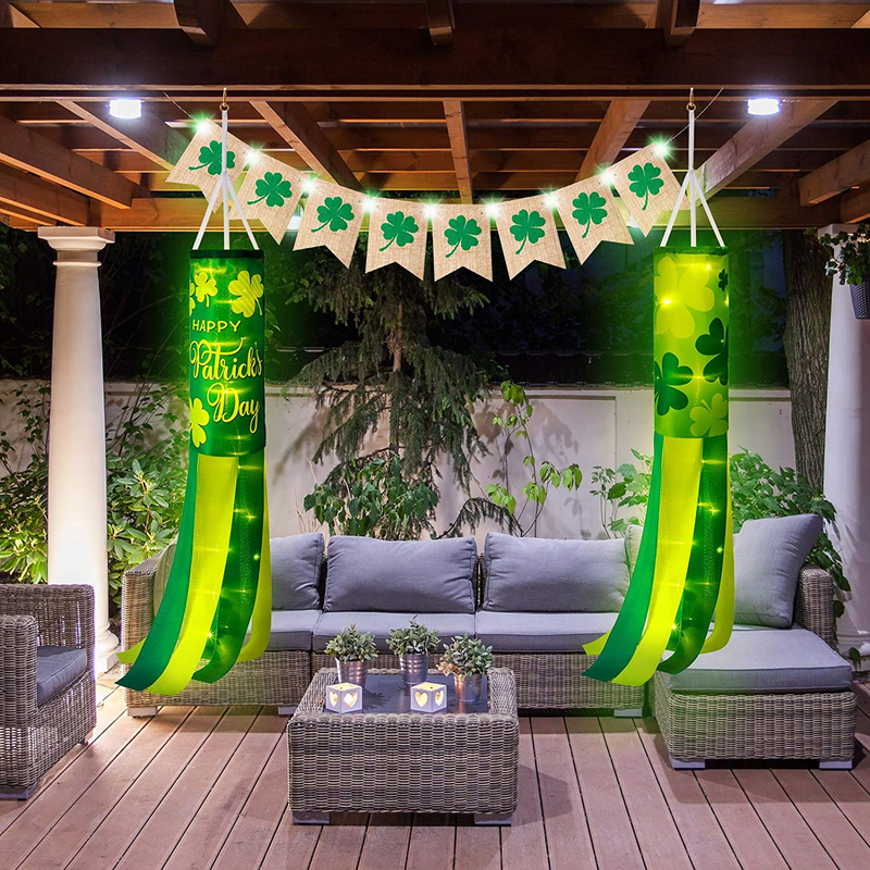 Happy St. Patrick'S Day Windsock 2 Pieces Green Shamrock Windsock with LED Ropes Light Polyester Garden Windsock Decorative for St. Patrick'S Day Outdoor Hanging Home Outdoor Decoration Arts & Entertainment > Party & Celebration > Party Supplies Hiboom   