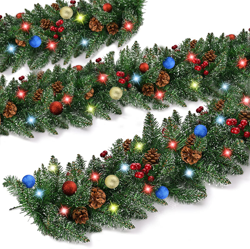 Lapogy Christmas Decorations Garland with 50 Lights,9ft Artificial Christmas Battery Operated Wreath with Colorful Ball and Red Berries,Pine Cones,Garland for Fireplace,Indoor,Oudoor Green Decor Home & Garden > Decor > Seasonal & Holiday Decorations& Garden > Decor > Seasonal & Holiday Decorations Lapogy   
