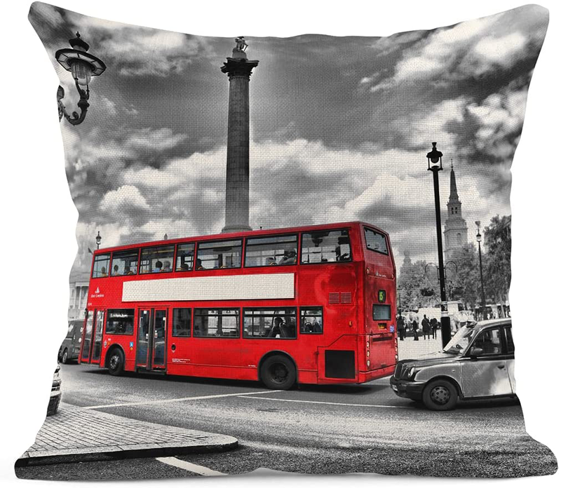 Emvency Set of 4 Linen Throw Pillow Covers 18X18 Inches Home Decorative Cushion Red London Street Bus Telephone Booth Big Ben Pillow Cases Square Pillocases for Bed Sofa Home & Garden > Decor > Chair & Sofa Cushions Emvency   