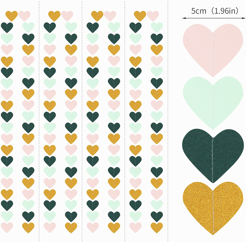 Sage-Green Mint Pink-Gold Love-Heart Garland - 52Ft Rustic Wedding Hanging Decoration Streamer Banner,Valentines Mothers Day Bachelorette Bridal Shower Engagement Party Bunting Lasting Surprise Arts & Entertainment > Party & Celebration > Party Supplies Lasting Surprise   