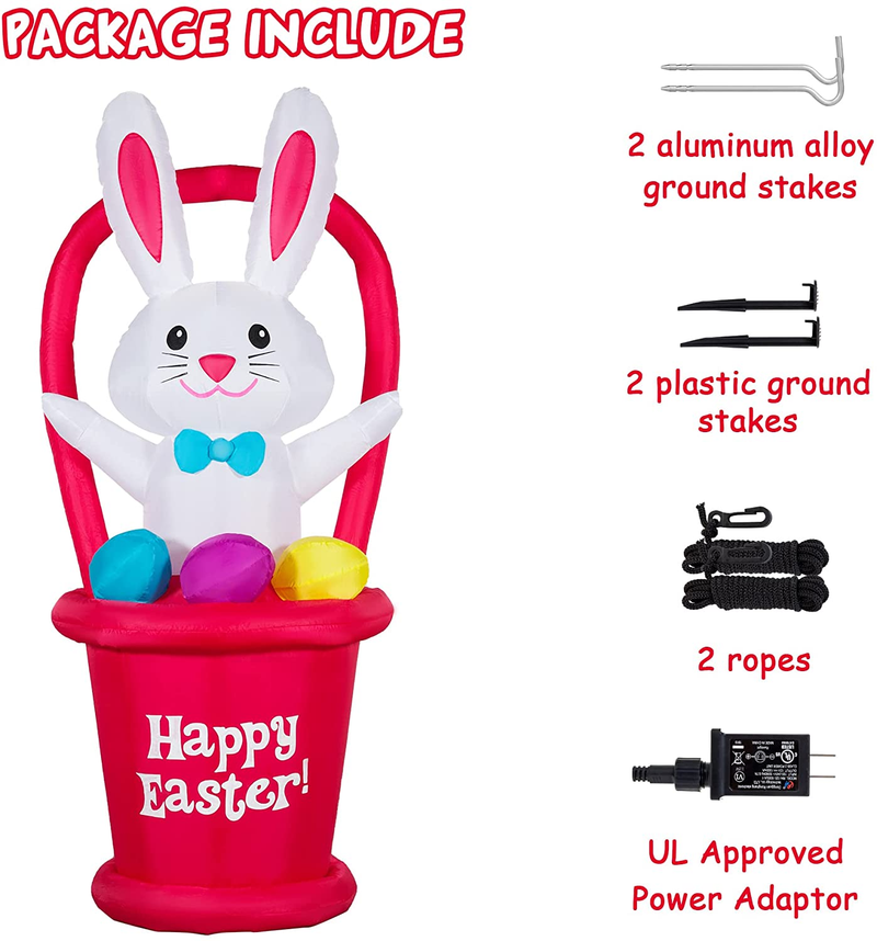 HOOJO 7 FT Height Easter Decorations Inflatables Bunny Outdoor, Easter Blow up Decor Bunny with Basket and Eggs Build-In Colorful Flashing LED Lights for Holiday Lawn, Yard, Garden