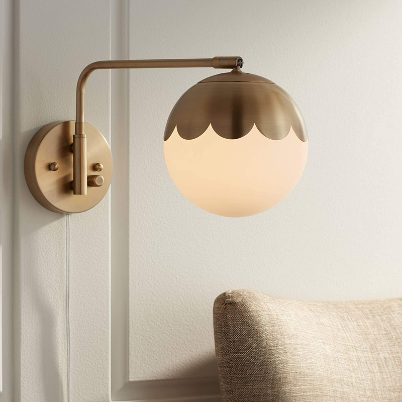 Kelowna Modern Indoor Swing Arm Wall Lamp Antique Brass Metal Plug-In Light Fixture Dimmable Globe Glass Shade for Bedroom Bedside House Reading Living Room Home Hallway Dining - 360 Lighting