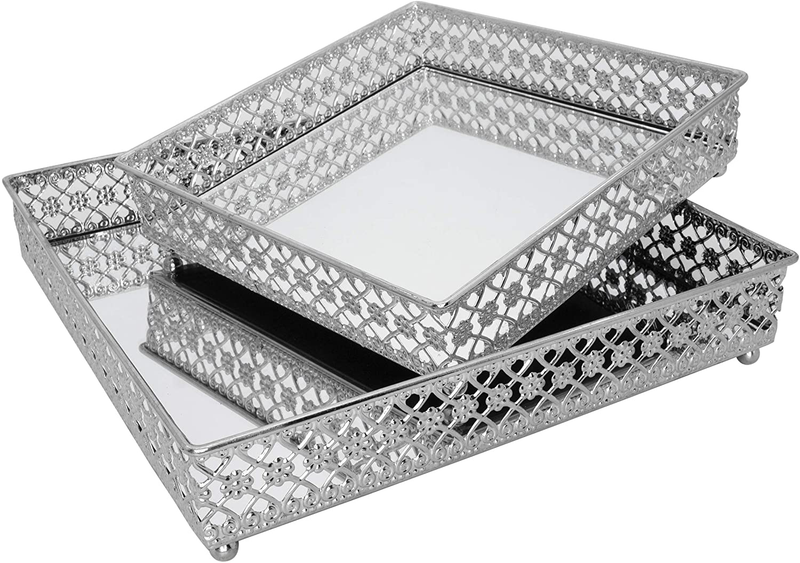 Mirrored Tray, Perfume Tray, Square Metal Ornate Tray, Vanity Jewelry Tray, Serving Tray, Decorative Tray (Set of 1, 8.25", Metal Gun) Home & Garden > Decor > Decorative Trays Tricune Silver Set of 2, 10.25" and 8.25" 