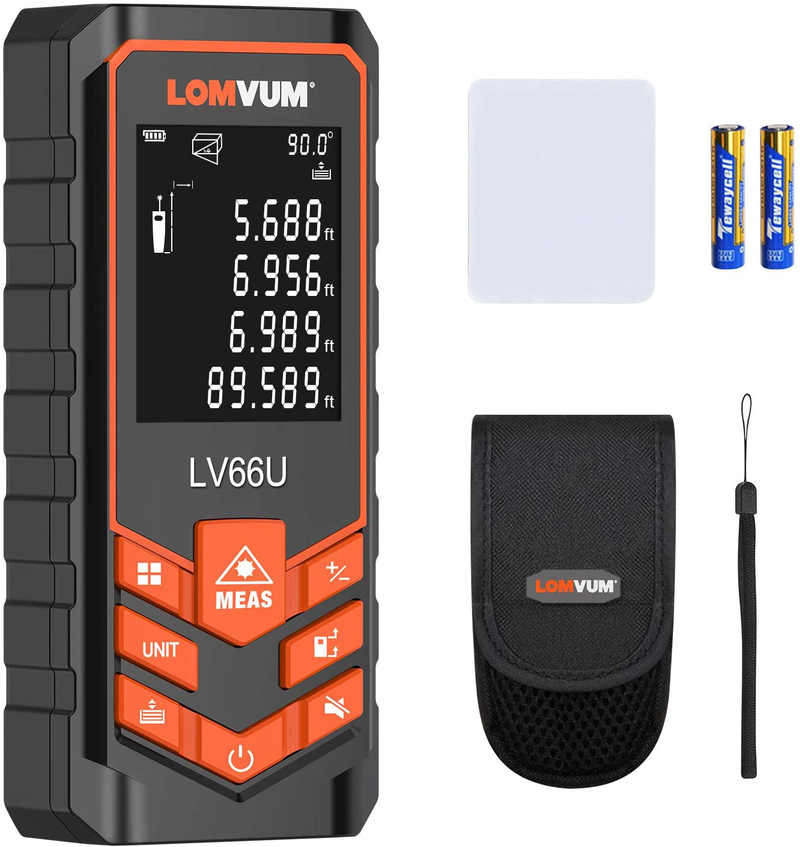 Laser Measure 393Ft - LOMVUM Laser Tape Measure Laser Measurement Tool with M/In/Ft Unit Switching, Backlit LCD, Pythagorean Mode, Measure Distance, Area and Volume - Carry Pouch and Battery Included Hardware > Tools > Measuring Tools & Sensors Lomvum 393FT / 120M  