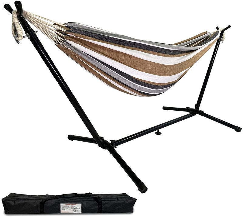 Highwild Double Hammock with Space Saving Steel Stand - Max 600 Lbs - 2 Person Adjustable Cotton Hammock Includes Portable Carrying Bag(Blue/Purple) Home & Garden > Lawn & Garden > Outdoor Living > Hammocks Highwild A- White/Coffee  