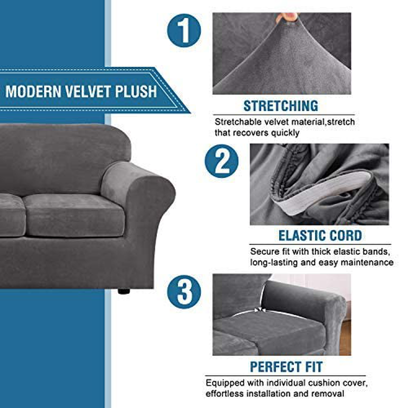 Modern Velvet Plush 4 Piece High Stretch Sofa Slipcover Strap Sofa Cover Furniture Protector Form Fit Luxury Thick Velvet Sofa Cover for 3 Cushion Couch, Machine Washable(Sofa,Gray) Home & Garden > Decor > Chair & Sofa Cushions H.VERSAILTEX   