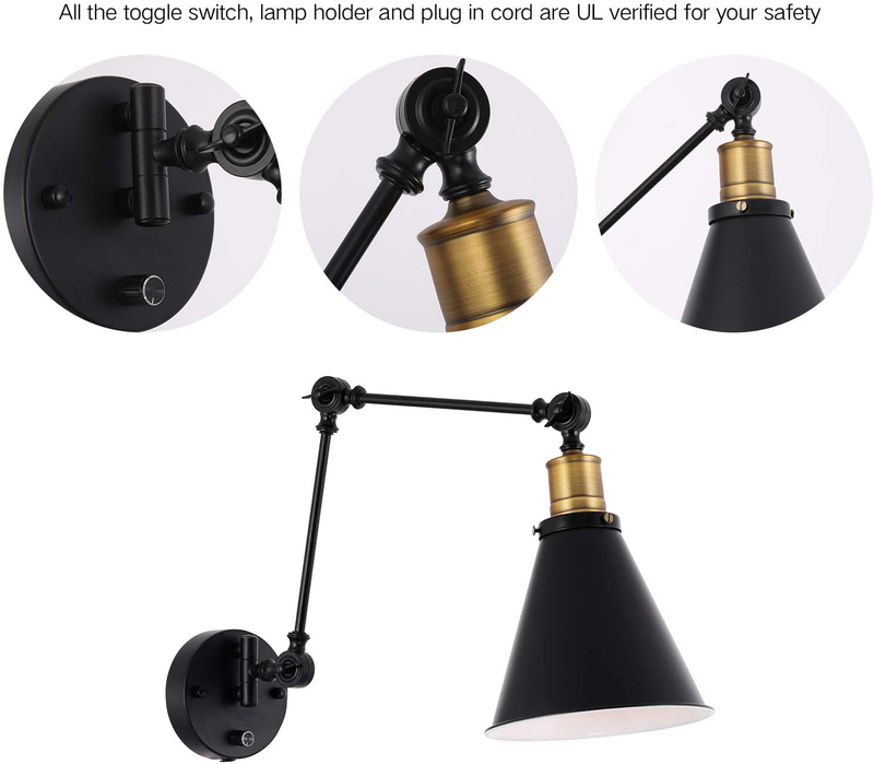 Larkar Dimmable 2 Lights Industrial Wall Sconce with On/Off Switch, Edison Vintage Style Swing Arm Wall Lamp Bronze Head,Black Lampshade, Plug-In/Hardwire, Lobby, Hallway, Kitchen, Dining Room, Restau