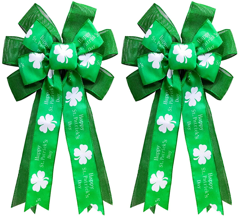 St Patricks Day Wreath Bow Shamrock Decoration - Large Green Glitter Clovers Shamrock Bows Irish Ornaments Hanging Wreath Bow Front Door Home Wall Window Outdoor Porch Decor (St Patrick Day) Arts & Entertainment > Party & Celebration > Party Supplies SPGroup St Patrick Day  
