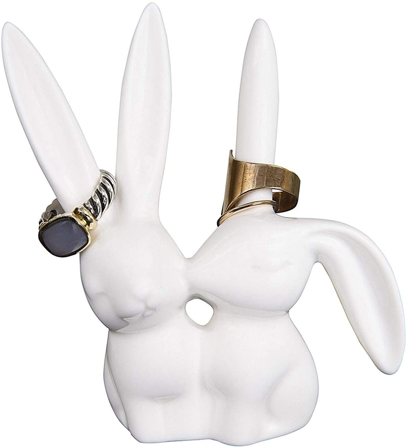 Creative Co-Op DA2618 White Ceramic Bunny Ring Holder, 3" L X 4" H
