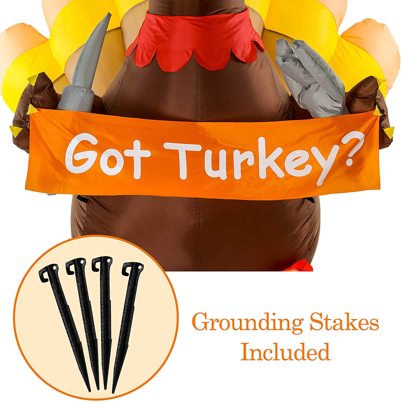 TCP Global Christmas Masters 4 Foot Inflatable Thanksgiving Turkey with Pilgrim Hat, Got Turkey Sign with Knife and Fork LED Lights Indoor Outdoor Yard Lawn Decoration - Fun Holiday Blow Up