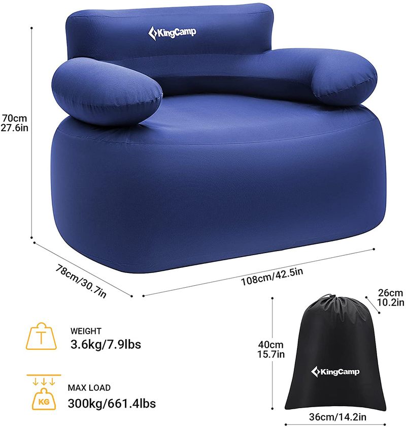 Kingcamp Inflatable Chairs for Adults Support up to 660 Lbs Waterproof Compact and Portable Inflatable Couch Blow up Chair for Garden Outdoor Travel Camping Picnic Indoor Furniture (Blue-Single)