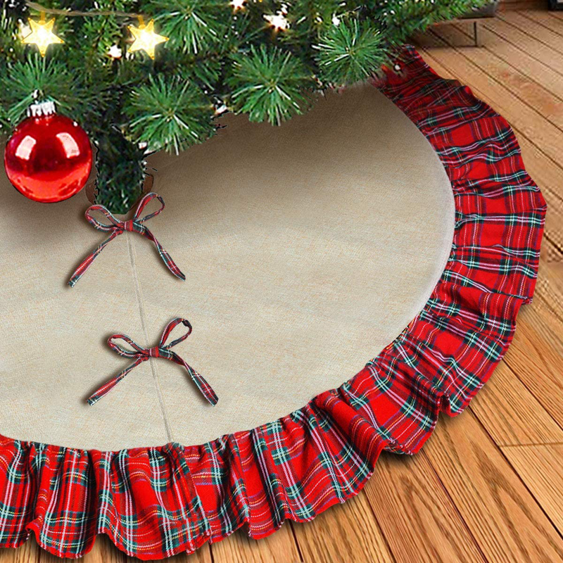 kingleder Natural Burlap Christmas Tree Skirt,48 Inch Large Double Layers Linen Burlap Xmas Tree Mat with Red Black Plaid Ruffle Edge for Christmas Holiday Decoration 2020 Gift Giving Home & Garden > Decor > Seasonal & Holiday Decorations > Christmas Tree Skirts kingleder Default Title  