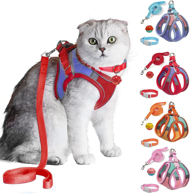 JSXD Cat Harness,Leash and Collar Set,Escape Proof Kitten Vest Harness for Walking,Easy Control Night Safe Pet Harness with Reflective Strap and Bell for Small Large Kitten,Fit for Puppy,Rabbit Animals & Pet Supplies > Pet Supplies > Cat Supplies > Cat Apparel JSXD Red/Dark Blue L:Neck 11.8-12.6"|Chest 14.2-17.3" * Fit Puppy 